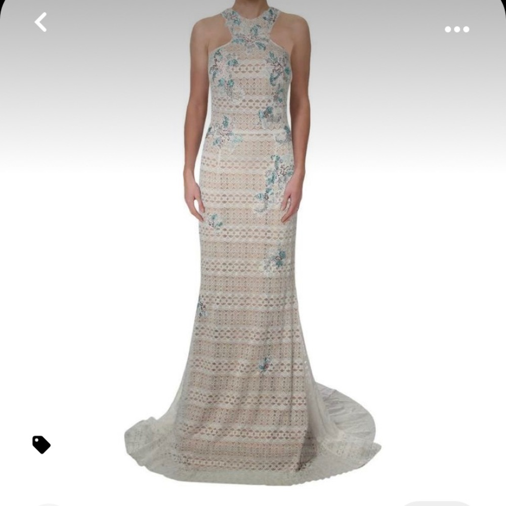 Jovani Ivory Lace Embellished Open Back Dress
